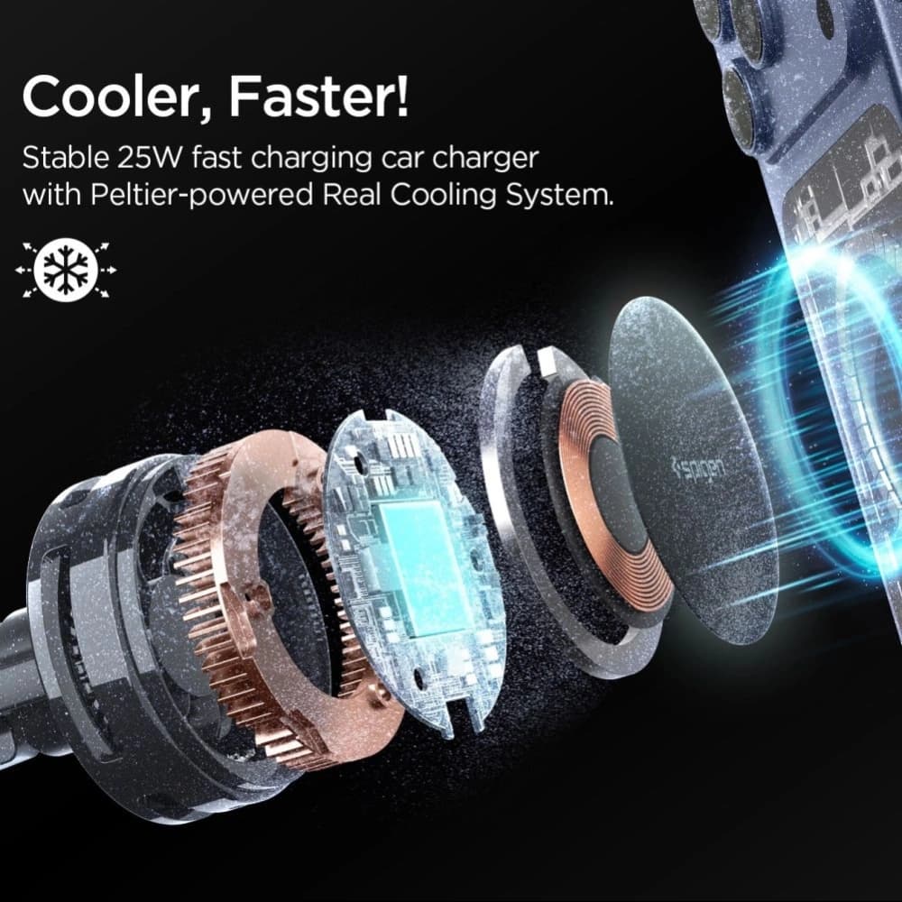 Uchwyt samochodowy do kratki z ładowarką indukcyjną Spigen Essential EV25MFAQ Qi2.2 Peltier Magnetic MagSafe Vent Car Mount Wireless Charger Black - 4