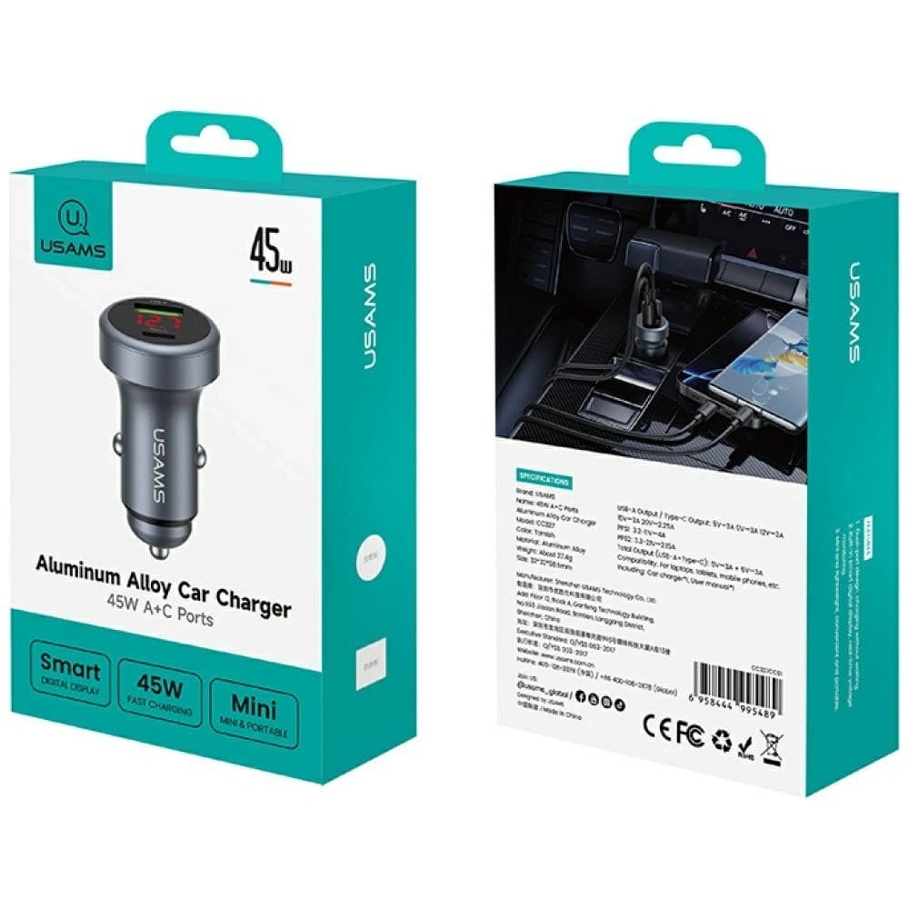 USAMS CC327 Car Charger Aluminium 45W USB-A USB-C tarnish - 5