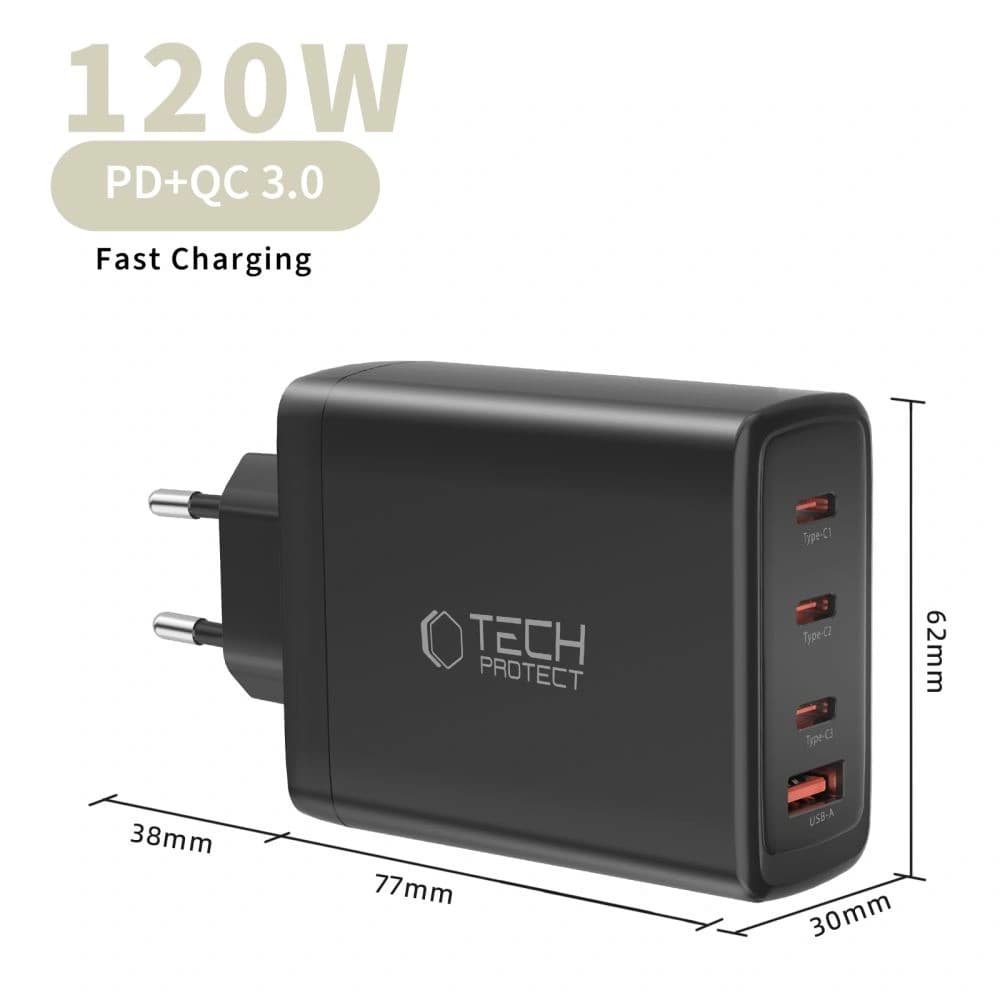 Tech-Protect NC120W-GAN 4-Port Netzwerk-Ladegerät PD 120W / QC3.0 Schwarz
 - 5