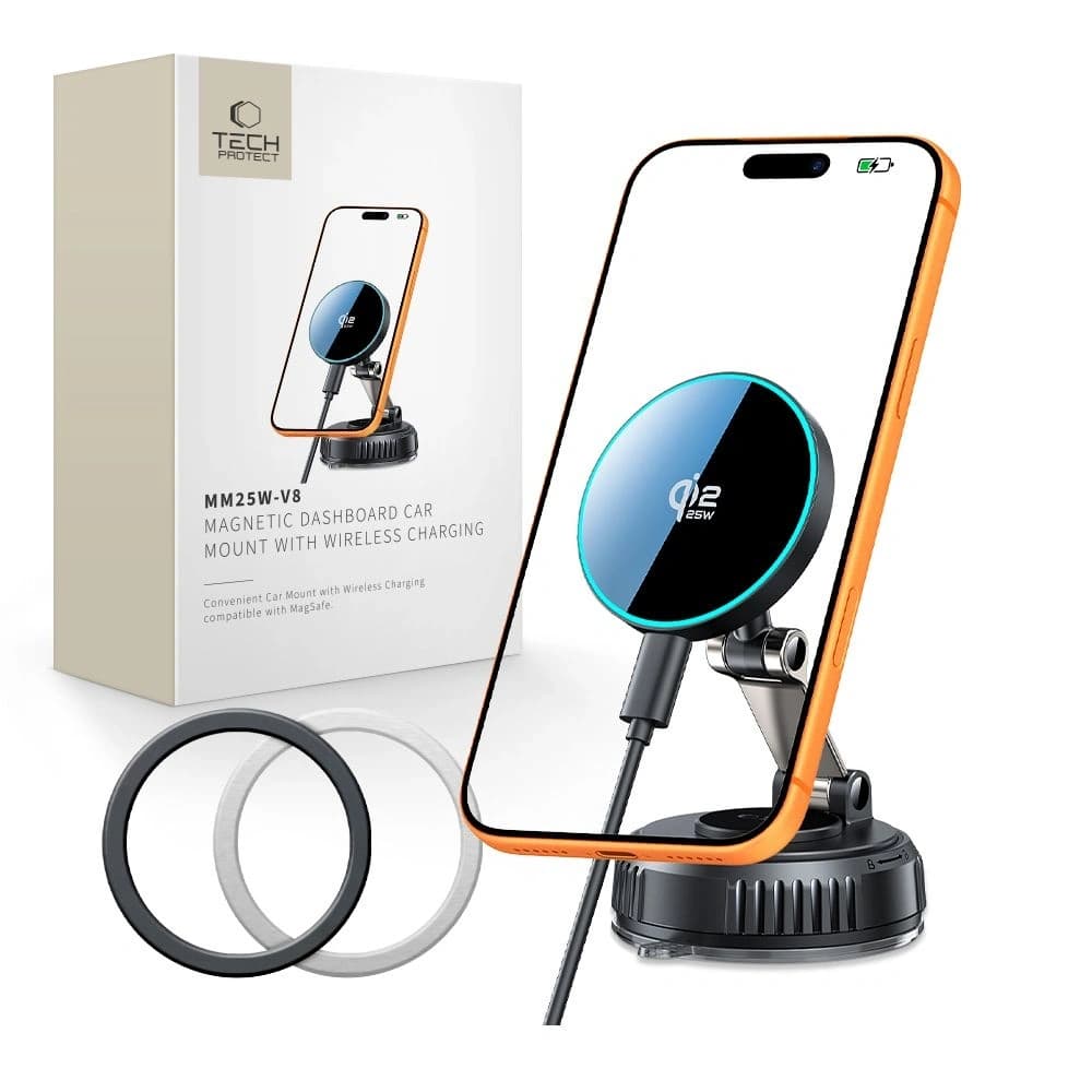 Tech-Protect MM25W-V8 Qi2.2 Magnetic MagSafe Windshield & Dashboard Car Mount Wireless Charger 25W Black - 1