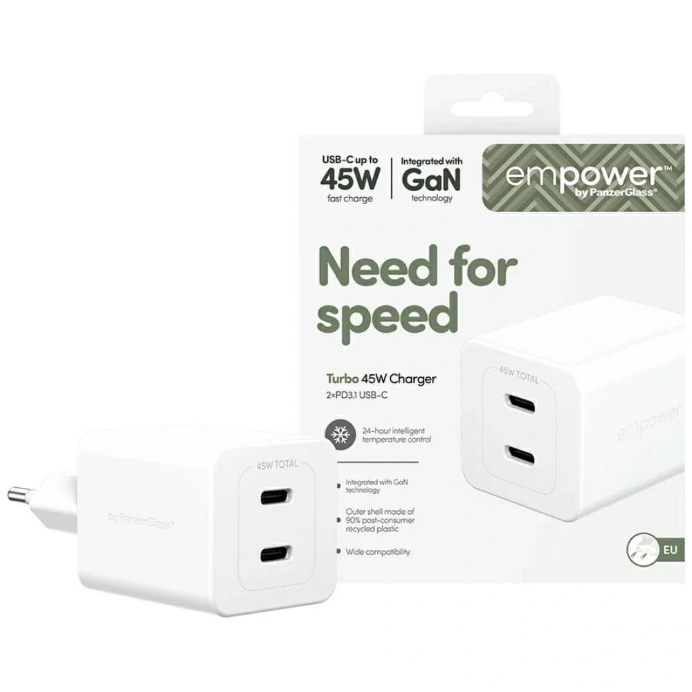 Empower by PanzerGlass Turbo 45W 2xUSB-C Silver-White Wall Charger - 1