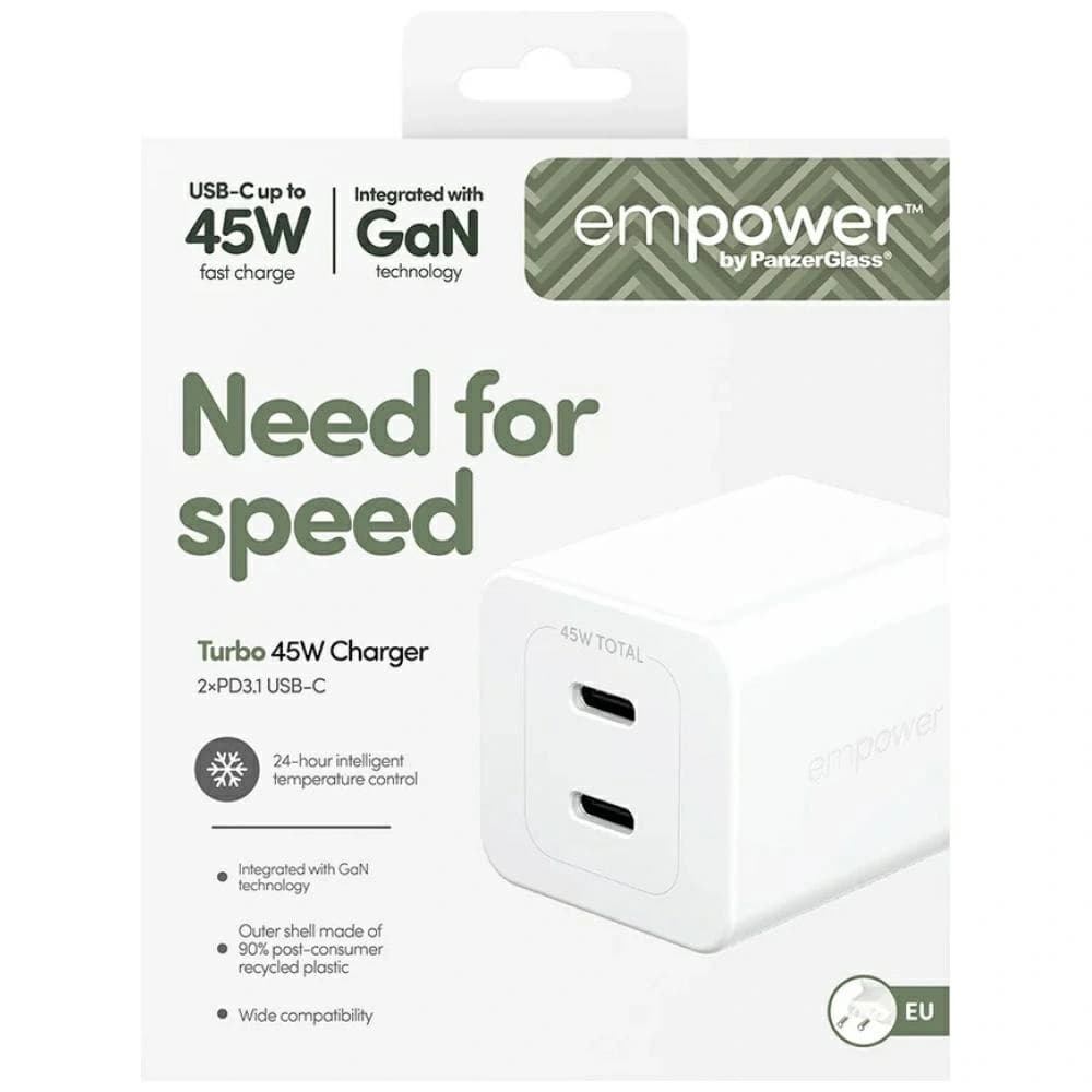 Empower by PanzerGlass Turbo 45W 2xUSB-C Silver-White Wall Charger - 5
