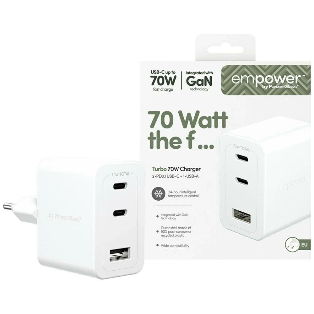 Empower by PanzerGlass Turbo 70W 2xUSB-C USB-A Silver-White Wall Charger - 1
