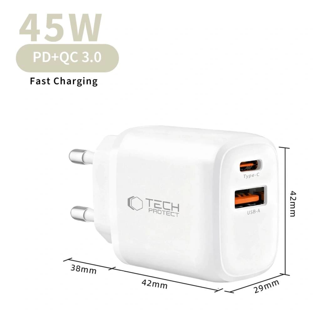 Ładowarka sieciowa Tech-Protect NCA45W-GAN USB-A, USB-C Network Charger PD 45W / QC3.0 + USB-C Cable White - 7