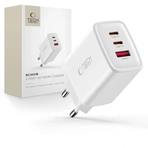 Ładowarka sieciowa Tech-Protect NCA65W-GAN USB-A, 2xUSB-C Network Charger PD 65W / QC3.0 White