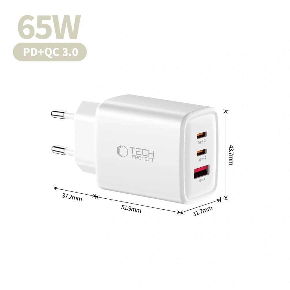 Ładowarka sieciowa Tech-Protect NCA65W-GAN USB-A, 2xUSB-C Network Charger PD 65W / QC3.0 White - 6