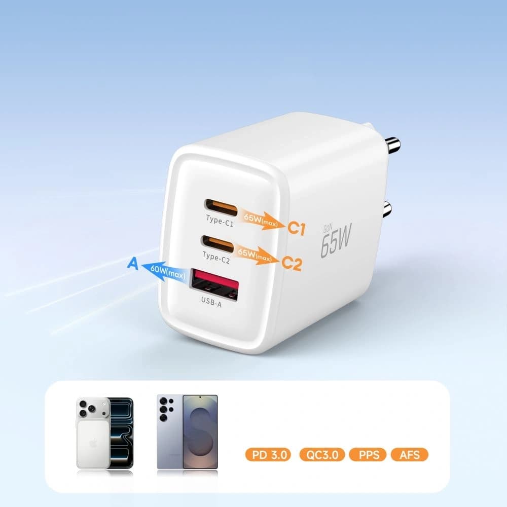 Ładowarka sieciowa Tech-Protect NCA65W-GAN USB-A, 2xUSB-C Network Charger PD 65W / QC3.0 White - 7