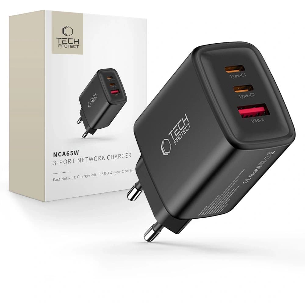 Ładowarka sieciowa Tech-Protect NCA65W-GAN USB-A, 2xUSB-C Network Charger PD 65W / QC3.0 Black - 1