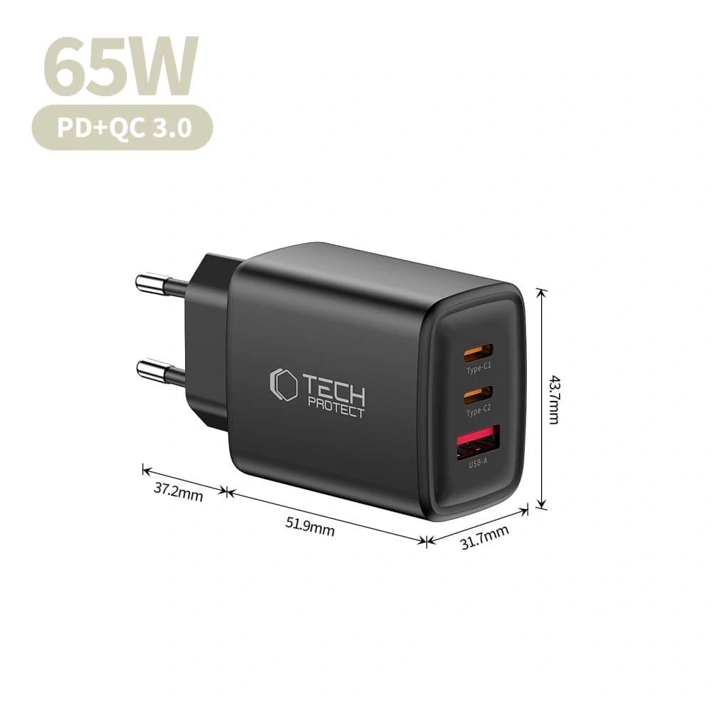 Ładowarka sieciowa Tech-Protect NCA65W-GAN USB-A, 2xUSB-C Network Charger PD 65W / QC3.0 Black - 6
