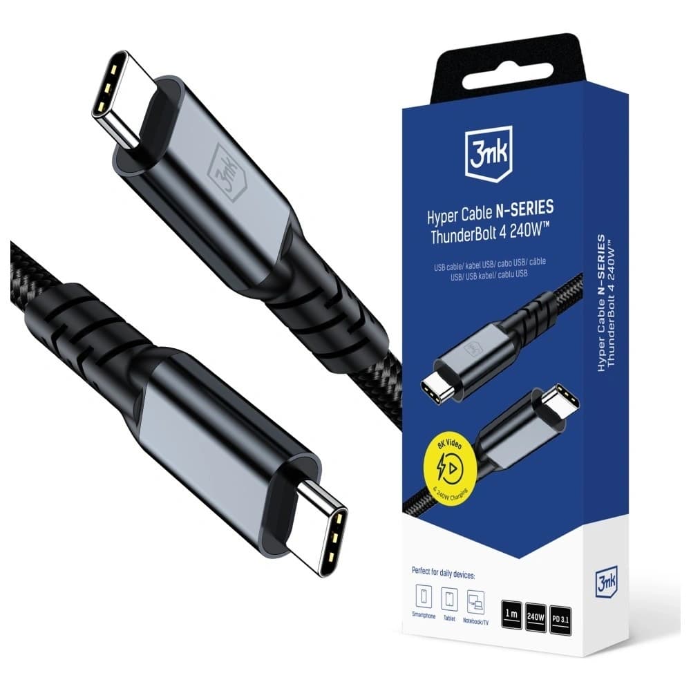 3MK Hyper Kabel N-SERIES USB-C Thunderbolt 4 1m 48V/5A 40Gb/s 240W 8K60Hz schwarz
 - 1