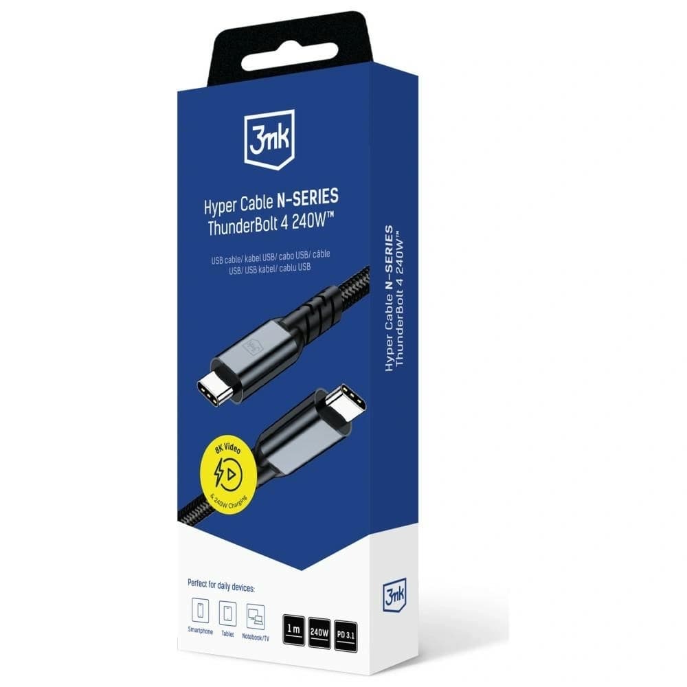 3MK Hyper Kabel N-SERIES USB-C Thunderbolt 4 1m 48V/5A 40Gb/s 240W 8K60Hz schwarz
 - 8