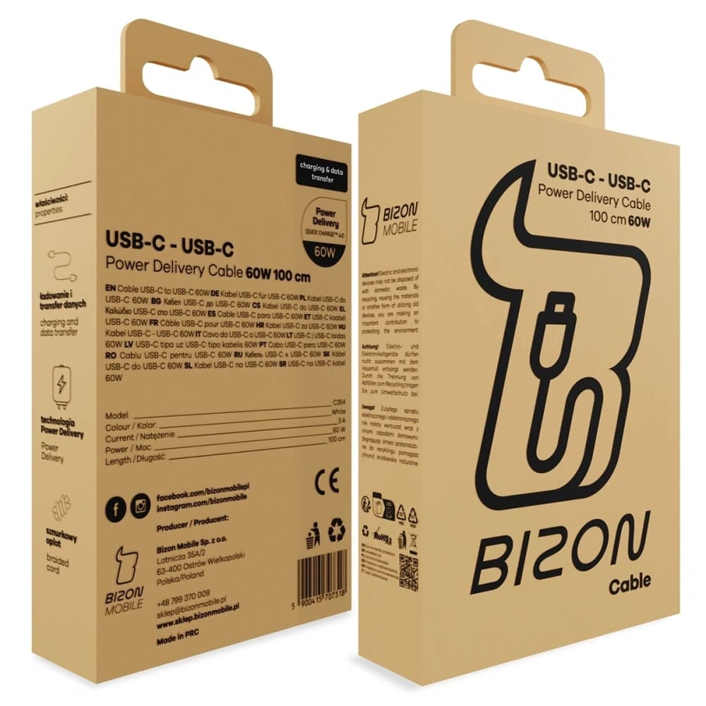 Bizon C354 Braided Cable USB-C / USB-C 60W 1m - 14