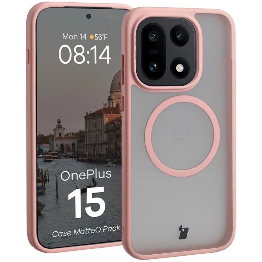 Etui z pierścieniem magnetycznym + szkło hartowane Bizon MatteO Pack do OnePlus 15 przydymione-jasnoróżowe - 3