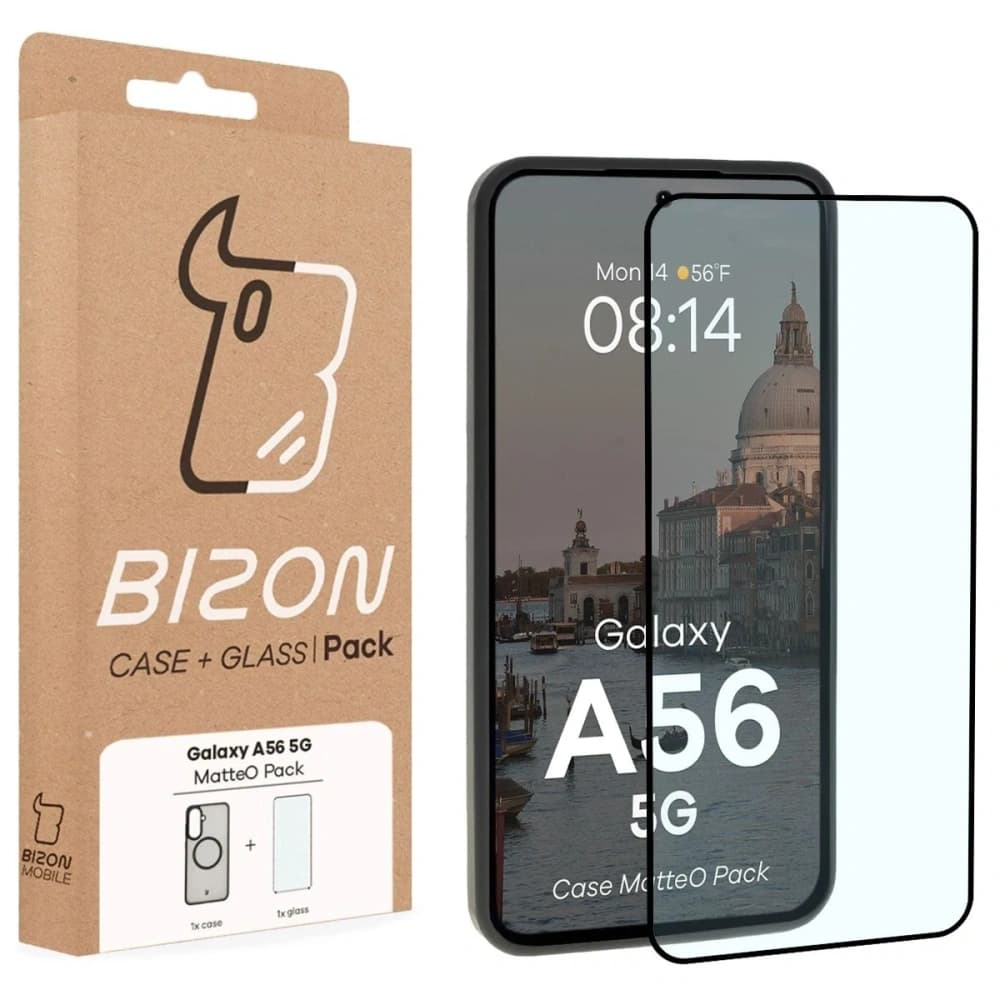 Etui z pierścieniem magnetycznym + szkło hartowane Bizon MatteO Pack do Samsung Galaxy A56 5G przydymione-czarne - 9