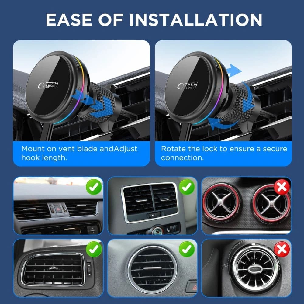 Tech-Protect V9 Arcticboost Magnetic MagSafe Dashboard & Vent Car Mount Wireless Charger 25W QI2.2 Black - 8