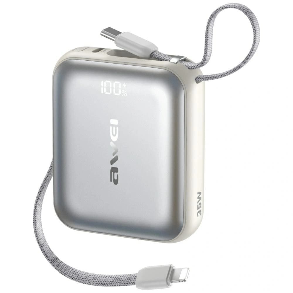 Awei AS-181 Power Bank 10000mAh 35W USB-C + Lightning / USB-C Cables Silver - 1