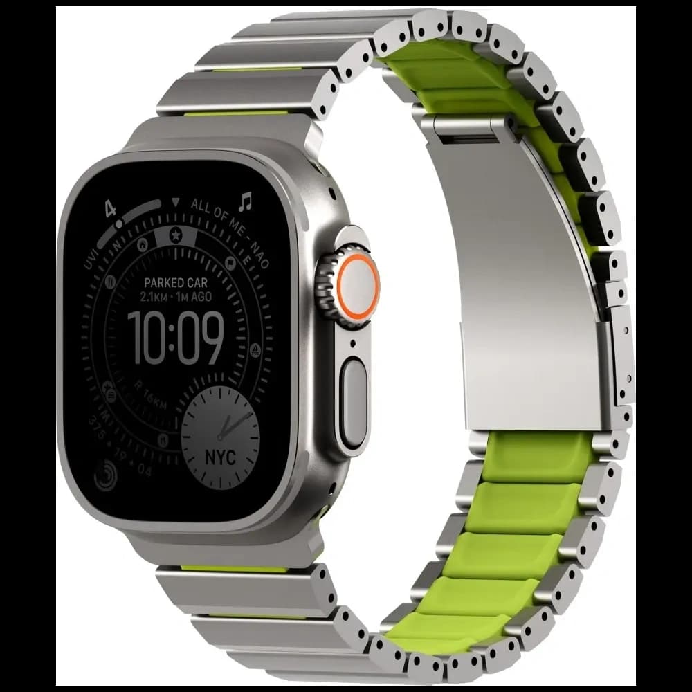 Pasek UNIQ Strova Flex do Apple Watch 44/45/46/49mm Series 1/2/3/4/5/6/7/8/9/10/11/SE/SE2/SE3/Ultra/Ultra 2/Ultra 3 srebrno limonkowy - 1