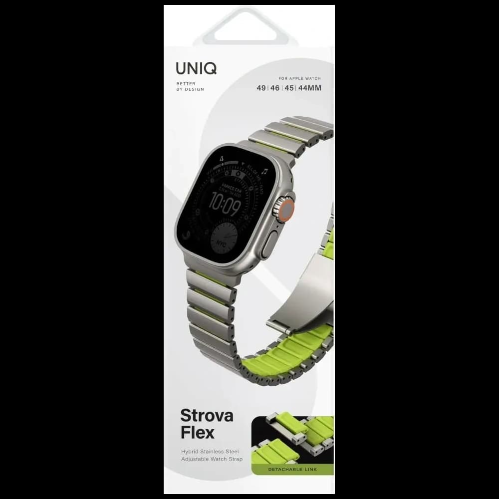 Pasek UNIQ Strova Flex do Apple Watch 44/45/46/49mm Series 1/2/3/4/5/6/7/8/9/10/11/SE/SE2/SE3/Ultra/Ultra 2/Ultra 3 srebrno limonkowy - 2