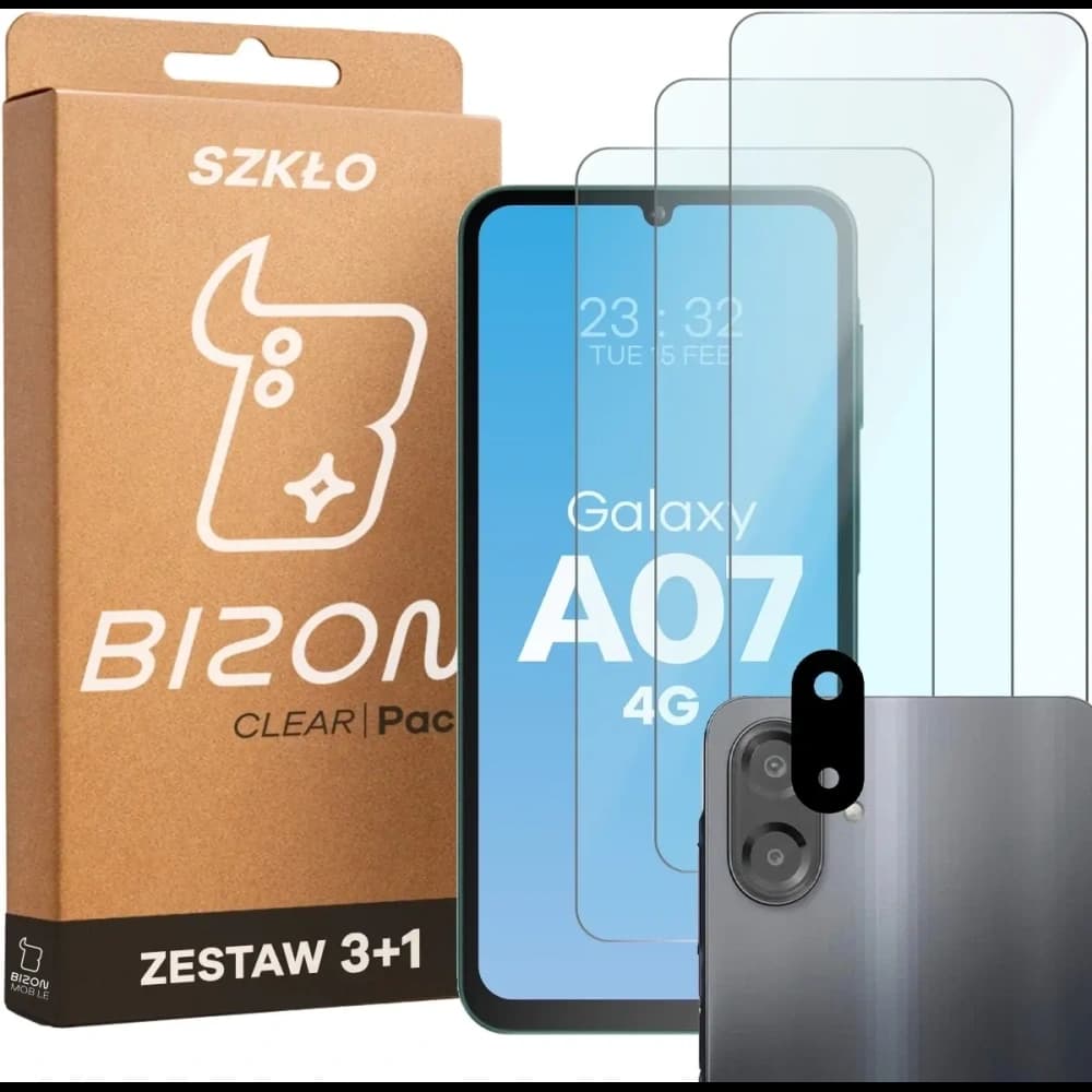 3x Szkło hartowane + szybka na aparat Bizon Glass Clear Pack do Samsung Galaxy A07 4G - 1
