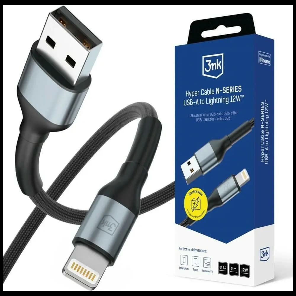 3MK Hyper Cable N-SERIES USB-A / Lightning 2m QC 3.0 5V / 2.4A 12W Schwarz - 1