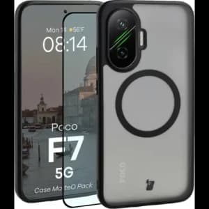 Etui z pierścieniem magnetycznym + szkło hartowane Bizon MatteO Pack do Xiaomi POCO F7, przydymione-czarne