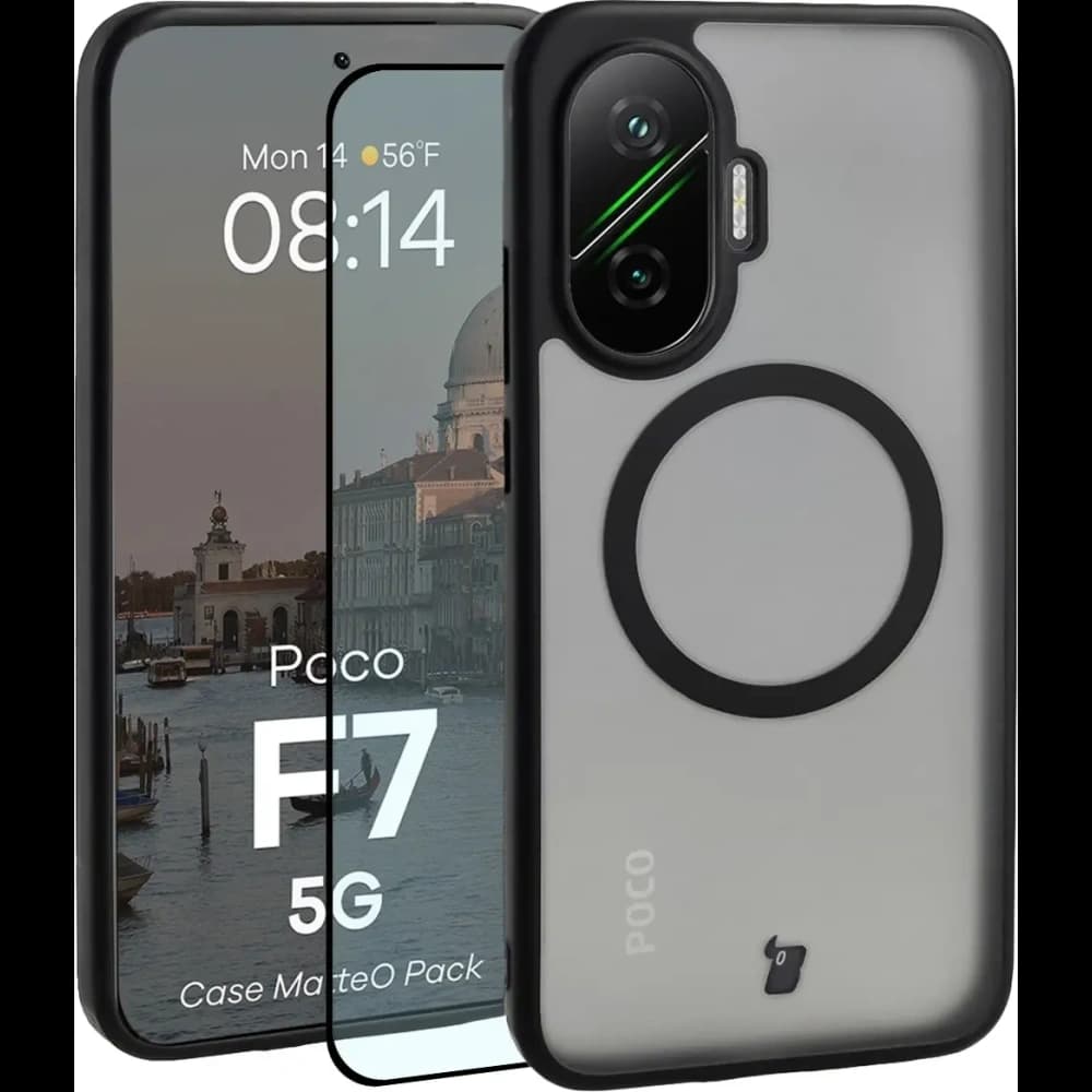 Etui z pierścieniem magnetycznym + szkło hartowane Bizon MatteO Pack do Xiaomi POCO F7, przydymione-czarne - 1