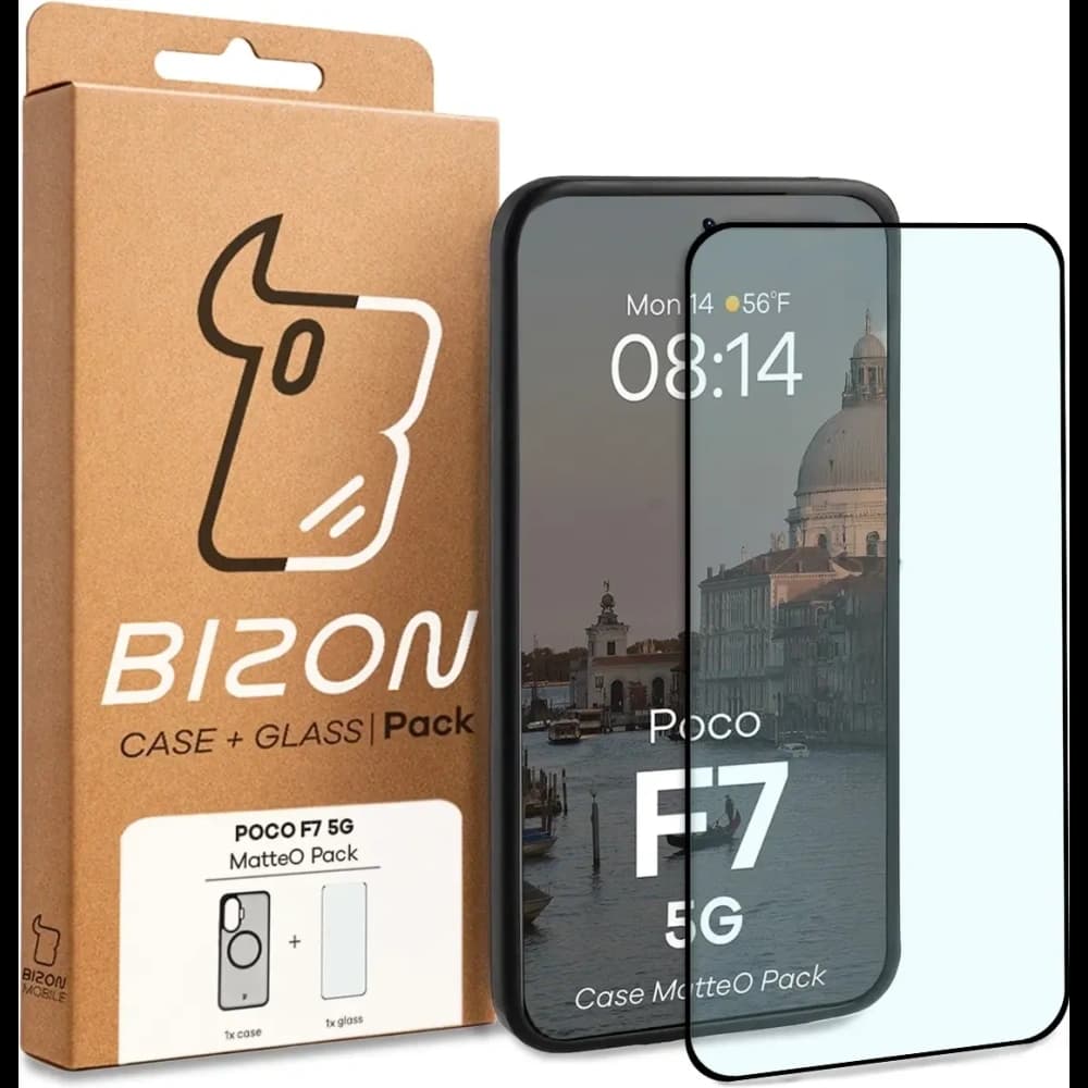 Etui z pierścieniem magnetycznym + szkło hartowane Bizon MatteO Pack do Xiaomi POCO F7, przydymione-czarne - 9