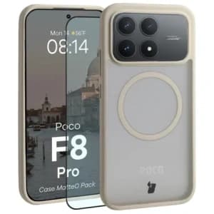 Etui z pierścieniem magnetycznym + szkło hartowane Bizon MatteO Pack do Xiaomi POCO F8 Pro, przydymione-beżowe