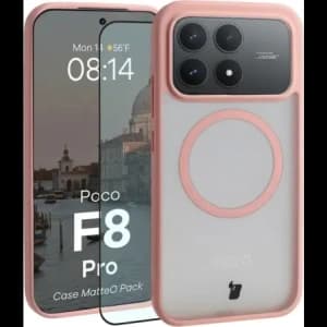 Etui z pierścieniem magnetycznym + szkło hartowane Bizon MatteO Pack do Xiaomi POCO F8 Pro, przydymione-jasnoróżowe