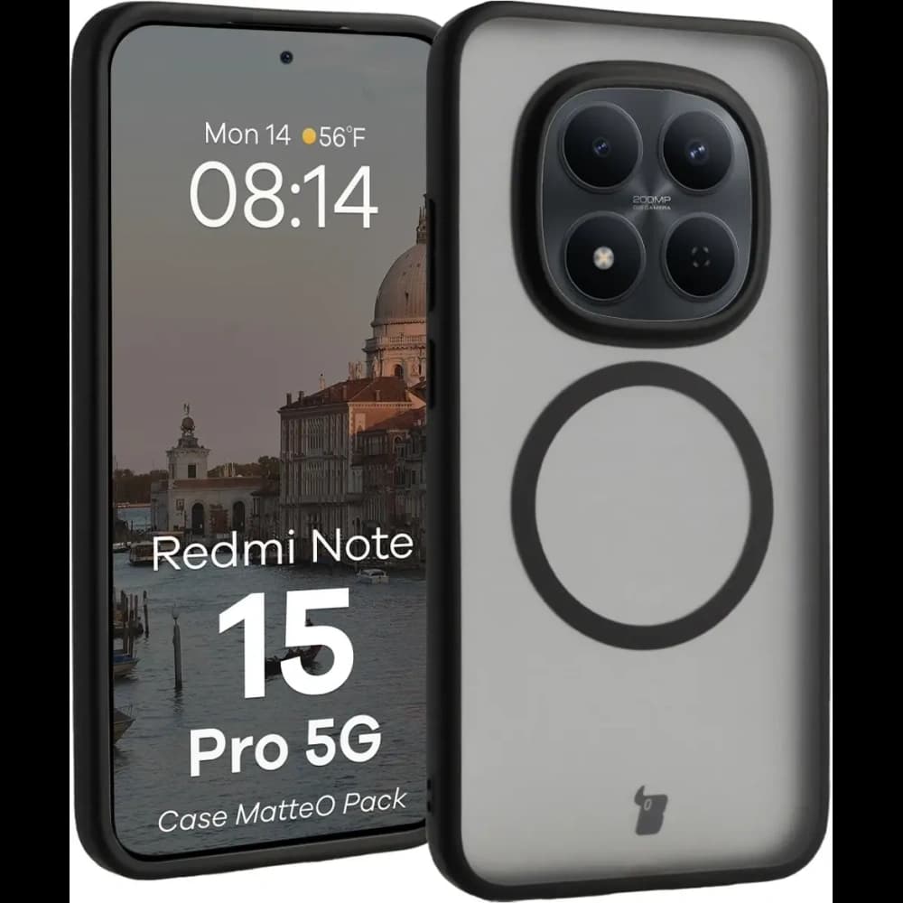 Etui z pierścieniem magnetycznym + szkło hartowane Bizon MatteO Pack do Xiaomi Redmi Note 15 Pro 5G, przydymione-czarne - 3