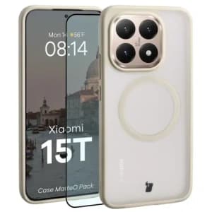 Etui z pierścieniem magnetycznym + szkło hartowane Bizon MatteO Pack do Xiaomi 15T, przydymione-beżowe
