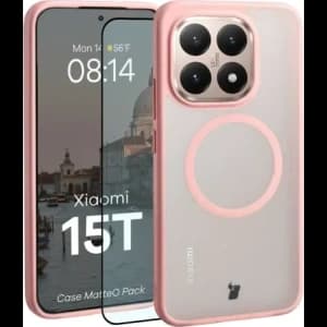Etui z pierścieniem magnetycznym + szkło hartowane Bizon MatteO Pack do Xiaomi 15T, przydymione-jasnoróżowe
