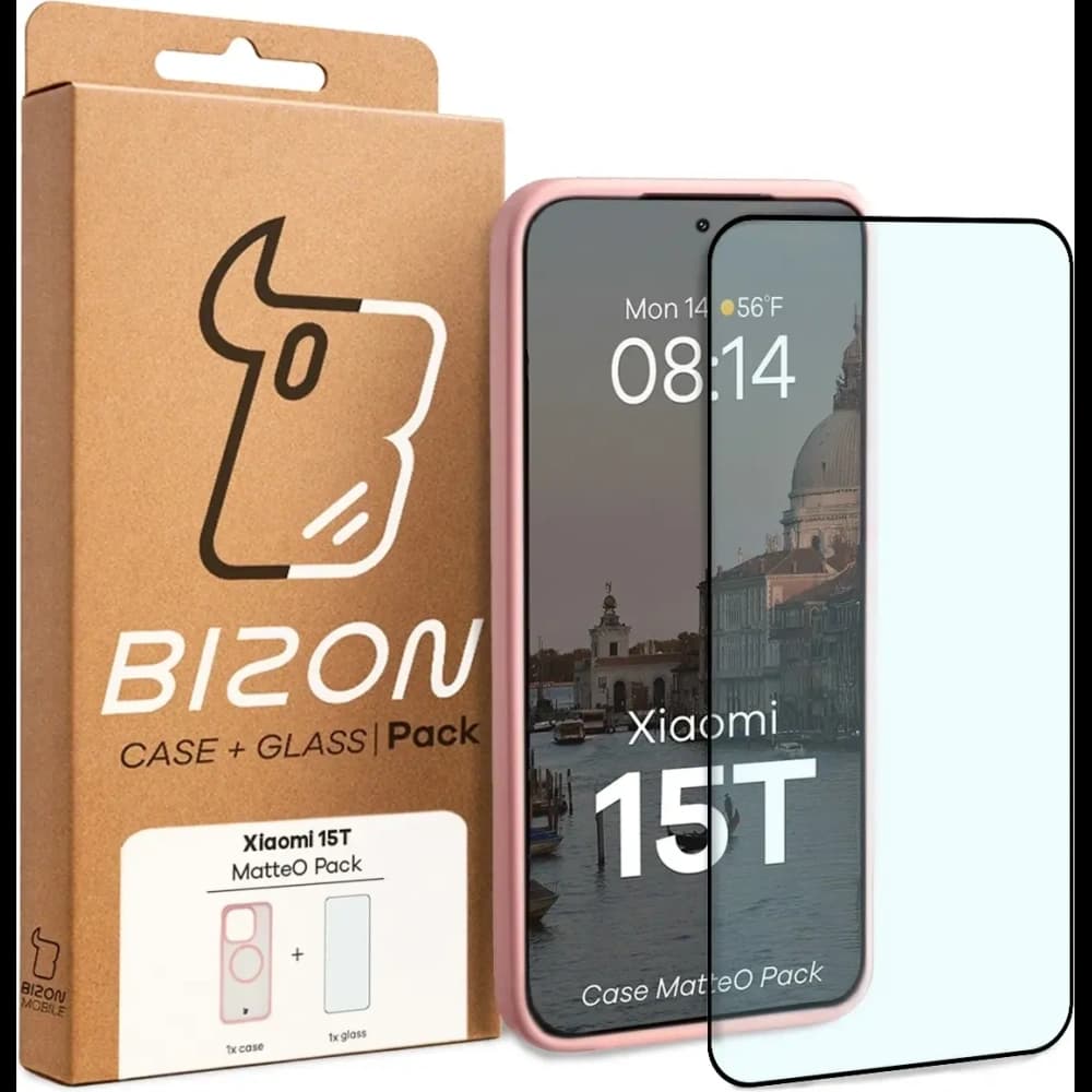 Etui z pierścieniem magnetycznym + szkło hartowane Bizon MatteO Pack do Xiaomi 15T, przydymione-jasnoróżowe - 9