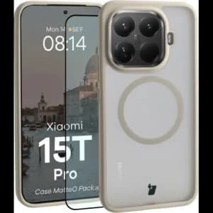 Etui z pierścieniem magnetycznym + szkło hartowane Bizon MatteO Pack do Xiaomi 15T Pro, przydymione-beżowe
