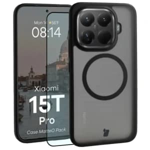Etui z pierścieniem magnetycznym + szkło hartowane Bizon MatteO Pack do Xiaomi 15T Pro, przydymione-czarne