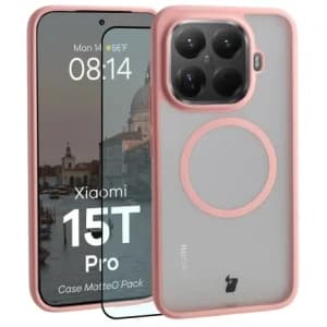 Etui z pierścieniem magnetycznym + szkło hartowane Bizon MatteO Pack do Xiaomi 15T Pro, przydymione-jasnoróżowe