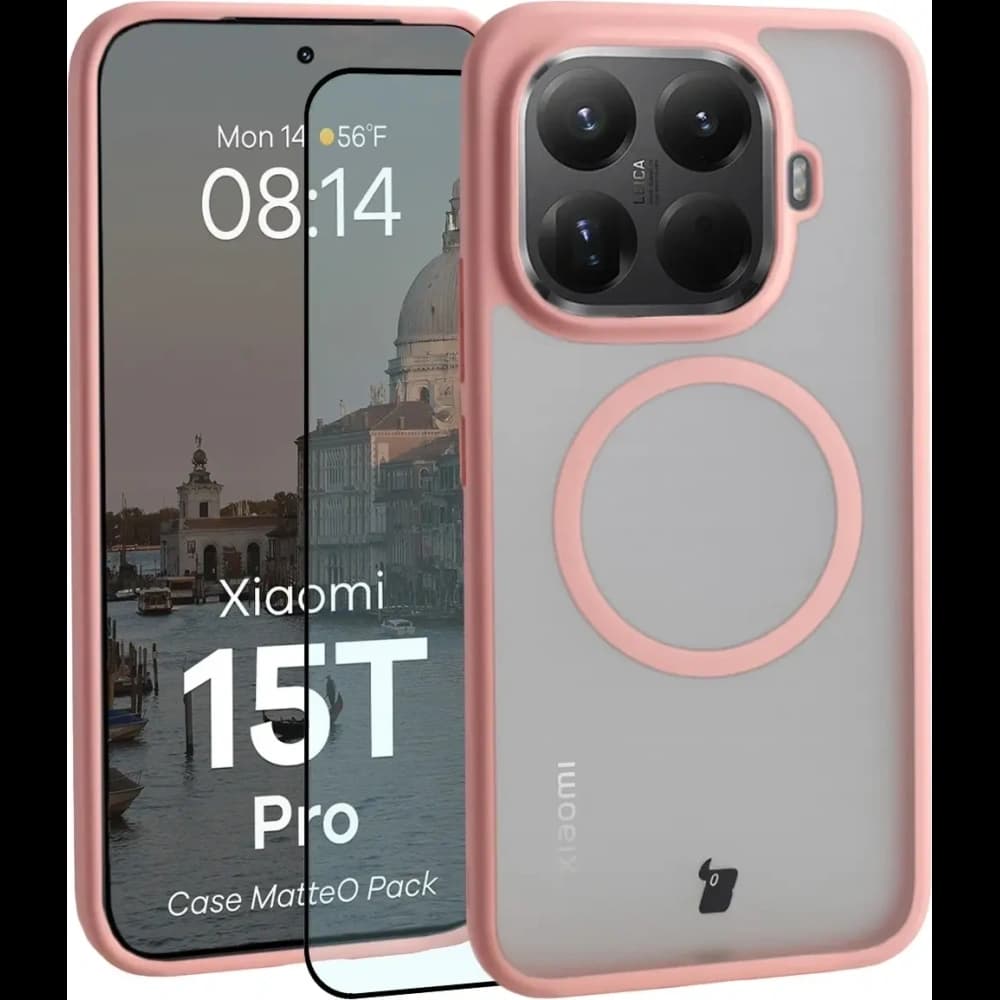 Etui z pierścieniem magnetycznym + szkło hartowane Bizon MatteO Pack do Xiaomi 15T Pro, przydymione-jasnoróżowe - 1