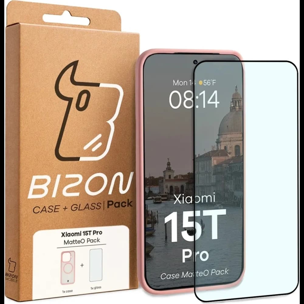 Etui z pierścieniem magnetycznym + szkło hartowane Bizon MatteO Pack do Xiaomi 15T Pro, przydymione-jasnoróżowe - 9