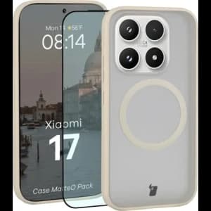 Etui z pierścieniem magnetycznym + szkło hartowane Bizon MatteO Pack do Xiaomi 17, przydymione-beżowe