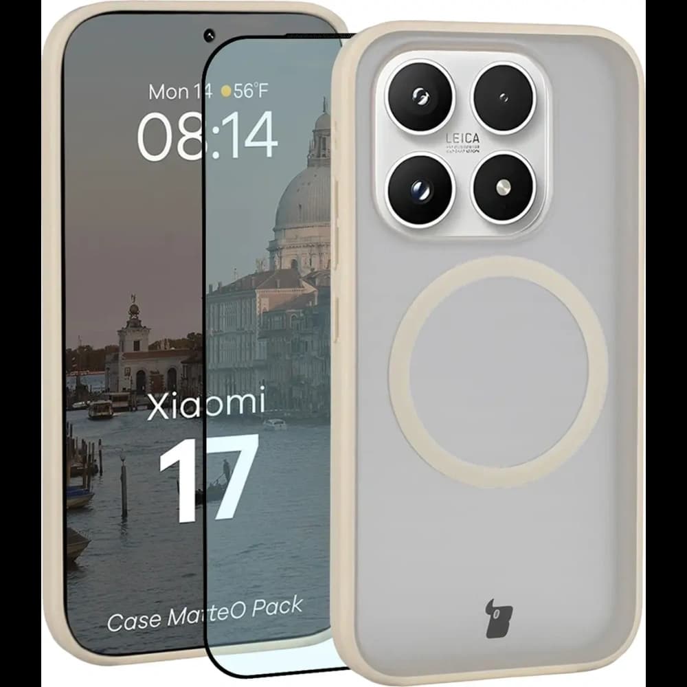 Etui z pierścieniem magnetycznym + szkło hartowane Bizon MatteO Pack do Xiaomi 17, przydymione-beżowe - 1