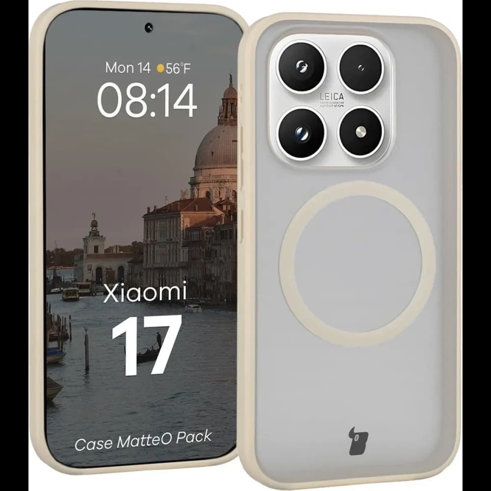 Etui z pierścieniem magnetycznym + szkło hartowane Bizon MatteO Pack do Xiaomi 17, przydymione-beżowe - 3