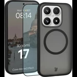 Etui z pierścieniem magnetycznym + szkło hartowane Bizon MatteO Pack do Xiaomi 17, przydymione-czarne
