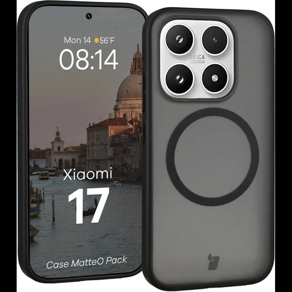Etui z pierścieniem magnetycznym + szkło hartowane Bizon MatteO Pack do Xiaomi 17, przydymione-czarne - 3