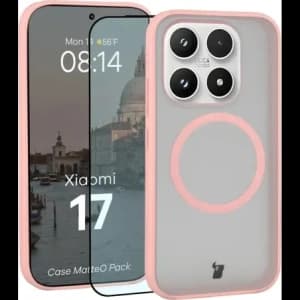 Etui z pierścieniem magnetycznym + szkło hartowane Bizon MatteO Pack do Xiaomi 17, przydymione-jasnoróżowe