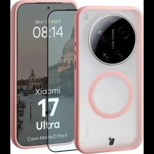 Etui z pierścieniem magnetycznym + szkło hartowane Bizon MatteO Pack do Xiaomi 17 Ultra, przydymione-jasnoróżowe