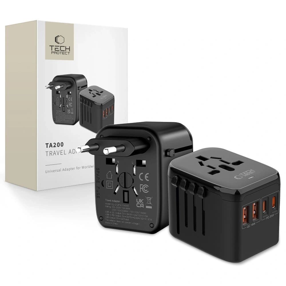Tech-Protect TA200 Reiseadapter EU / UK / US / AU 2xUSB-A, 2xUSB-C Schwarz - 1